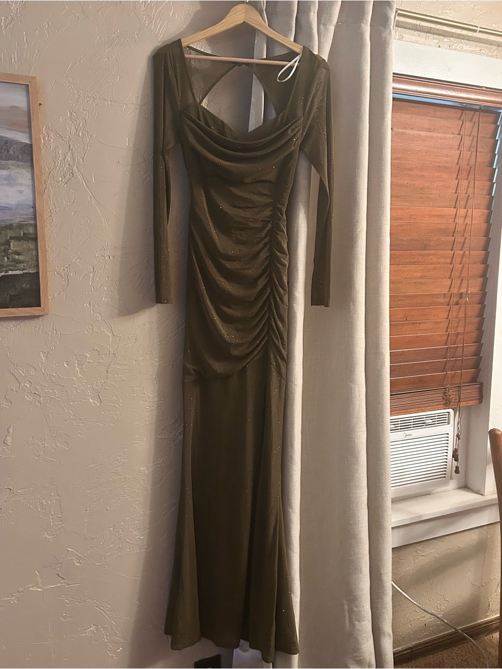 Lulu's Olive Green Long Sleeve Ruched Evening Gown
